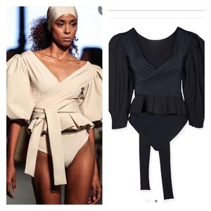 NWT MAYGEL CORONEL Nuevo Mundo Puff Sleeve Wrap Swim Top Extended Size Black